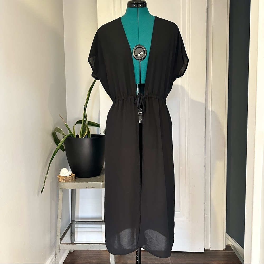 J.Jill Black Sheer Kimono Cover-Up with Drawstring Waist